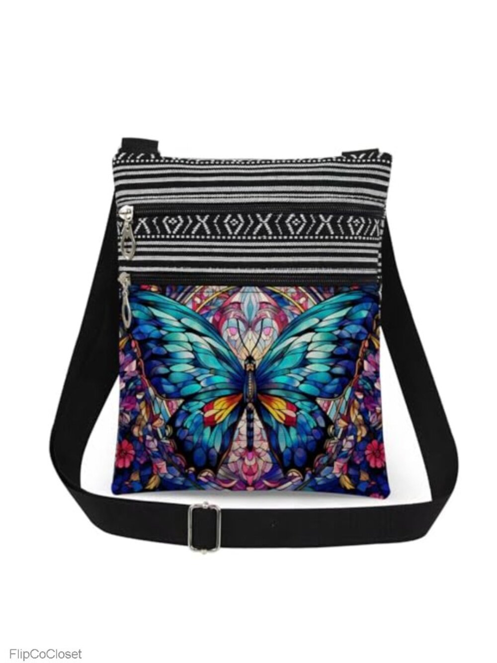 Butterfly Crossbody Bag Polyester Adjustable Strap Double Zip Purse